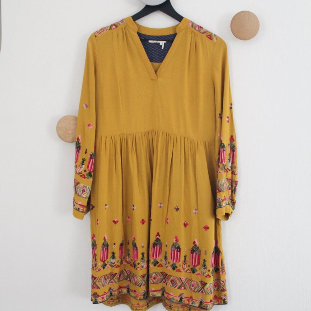 Anthropologie Mustard Yellow Embroidered Mini Dress